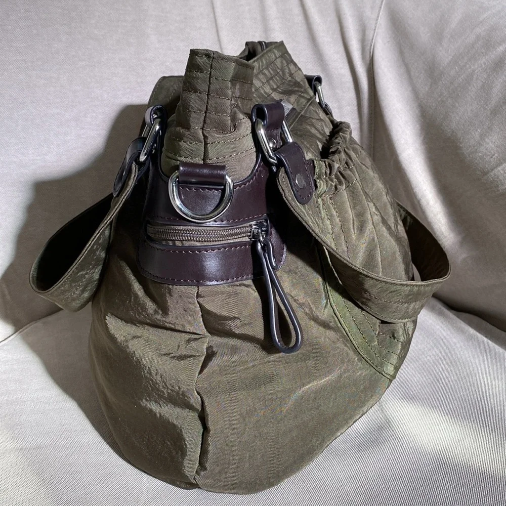 Bonnie Collection Olive Green Large Canvas Bucket Tote Bag w/Brown Leather Trim